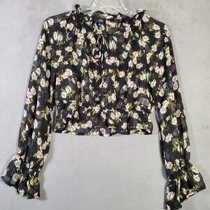 Lulus Top Womens L Black White Floral Cropped Peplum Sheer Long Sleeve Cottage
